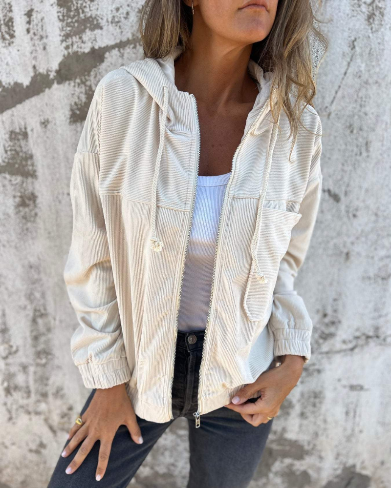 Veste Femme Velours Côtelé Zippée à Capuche Confortable - PanierRoyale