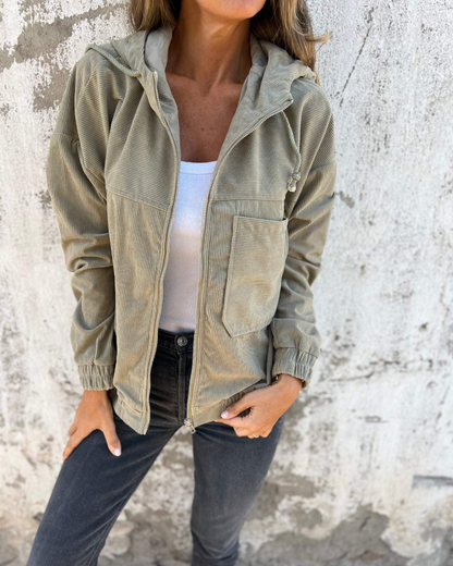 Veste Femme Velours Côtelé Zippée à Capuche Confortable