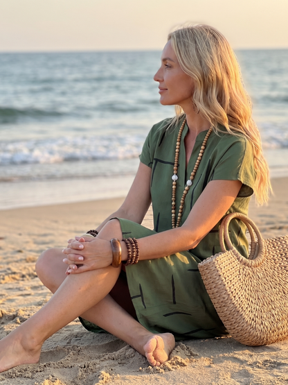 Robe Midi Femme Coton Lin Manches Courtes Coupe Décontractée