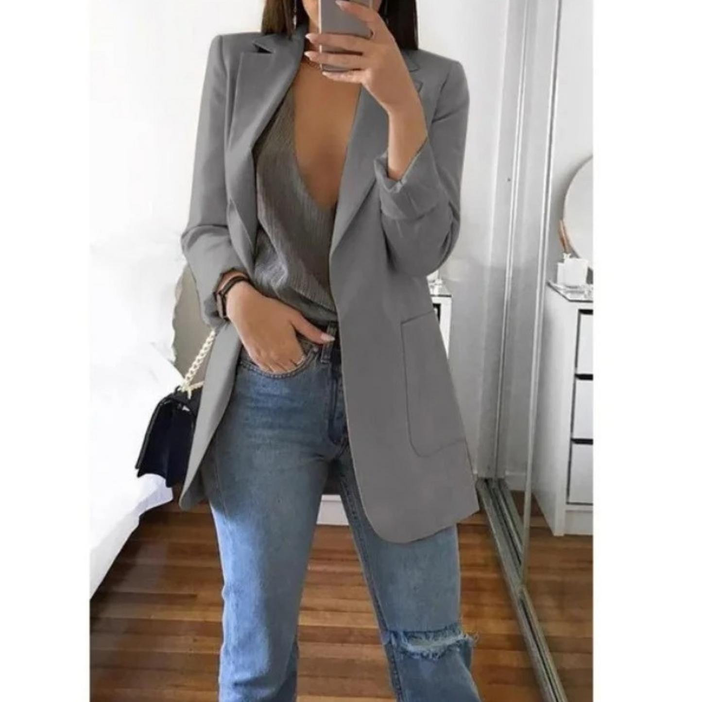 Veste Femelle Bleu Clair Détendue à Manches Longues