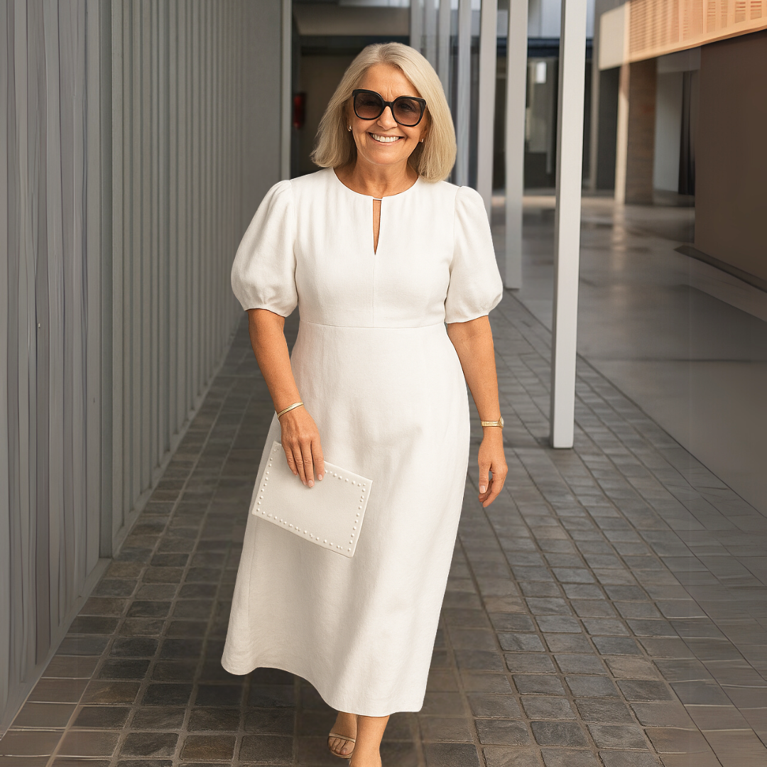 Robe Midi Femme Col en V Manches Bouffantes Fluide