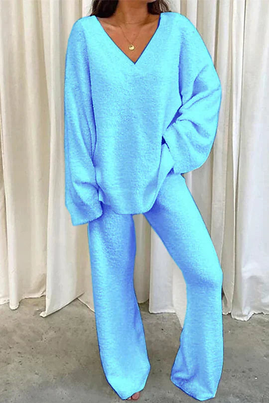 Tenue Décontractée Femme - Ensemble Confortable avec Pull Col V et Jogging Doux