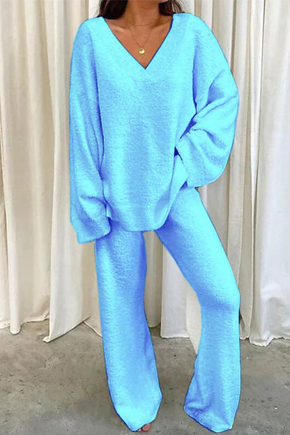 Tenue Décontractée Femme - Ensemble Confortable avec Pull Col V et Jogging Doux