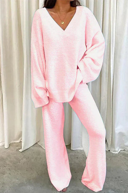 Tenue Décontractée Femme - Ensemble Confortable avec Pull Col V et Jogging Doux