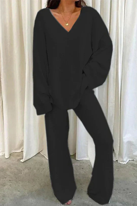 Tenue Décontractée Femme - Ensemble Confortable avec Pull Col V et Jogging Doux
