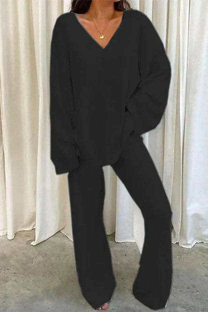 Tenue Décontractée Femme - Ensemble Confortable avec Pull Col V et Jogging Doux