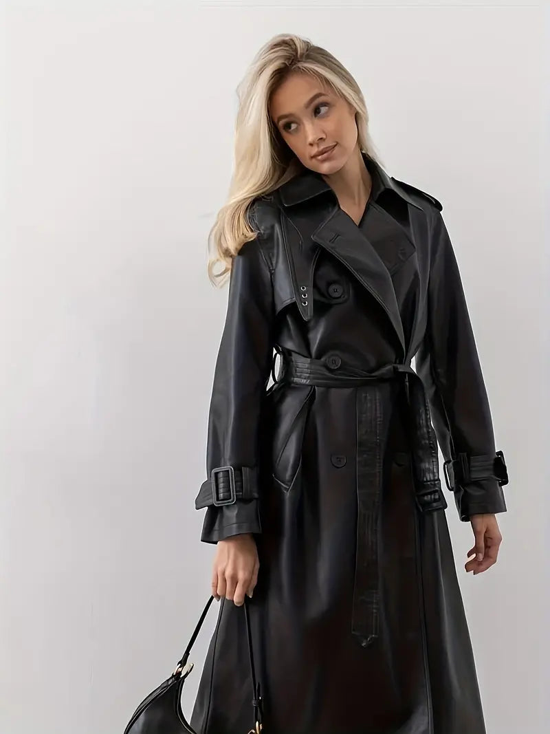 Trench-coat Femme Effet Cuir Ceinturé Coupe Élégante Longue - PanierRoyale