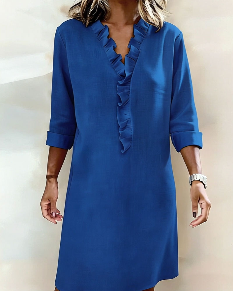 Robe Femme Col en V Volants Coupe Droite Décontractée