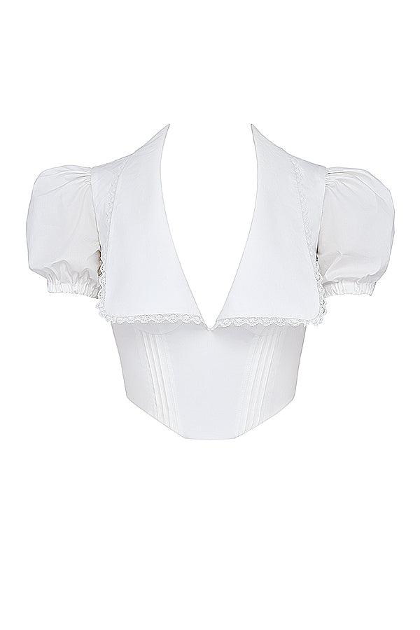 Top Corsage Blanc Élégant à Manches Bouffantes