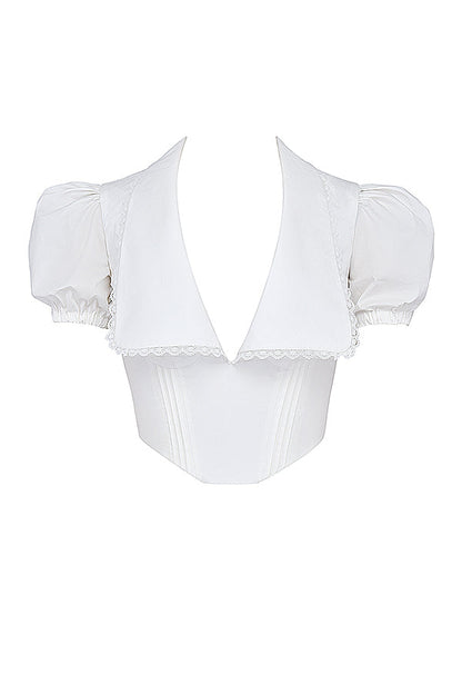 Top Corsage Blanc Élégant à Manches Bouffantes