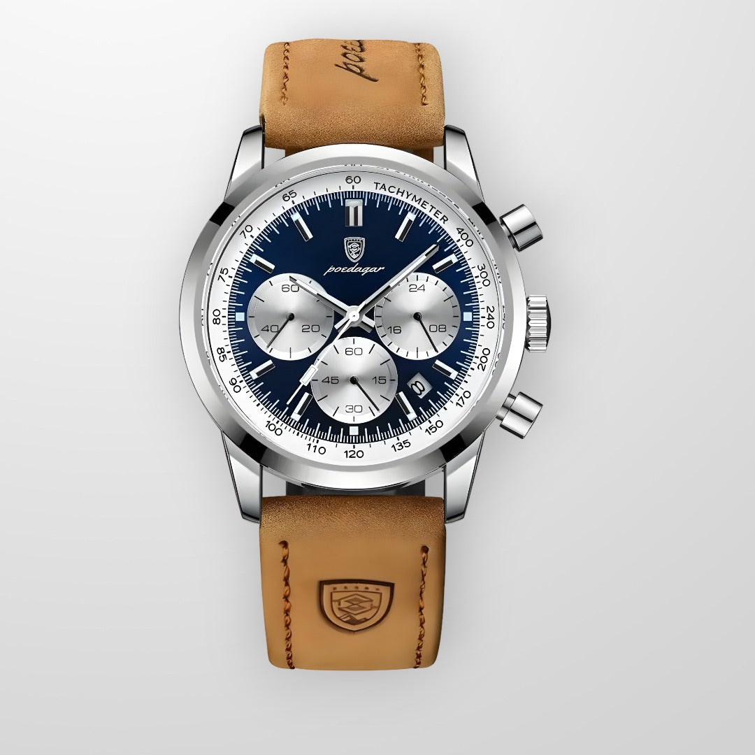 Montre Chrono Noir Cuir Perforé Sport Chic
