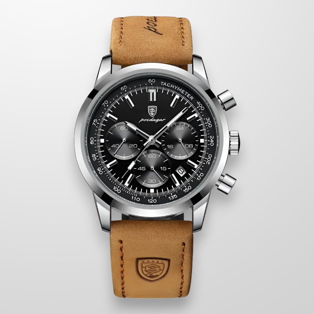 Montre Chrono Noir Cuir Perforé Sport Chic