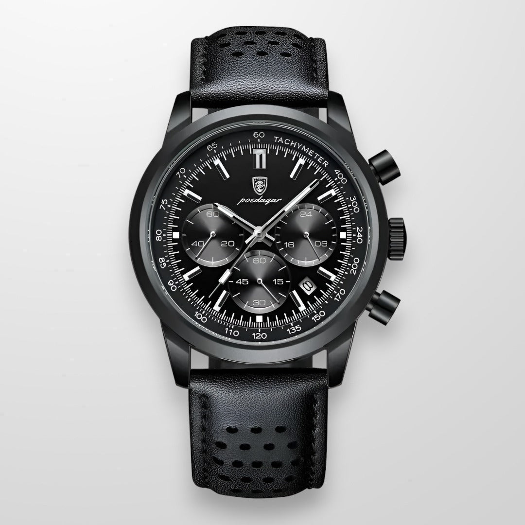 Montre Chrono Noir Cuir Perforé Sport Chic - PanierRoyale