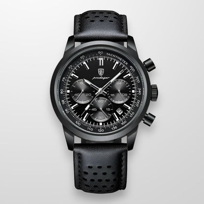 Montre Chrono Noir Cuir Perforé Sport Chic - PanierRoyale