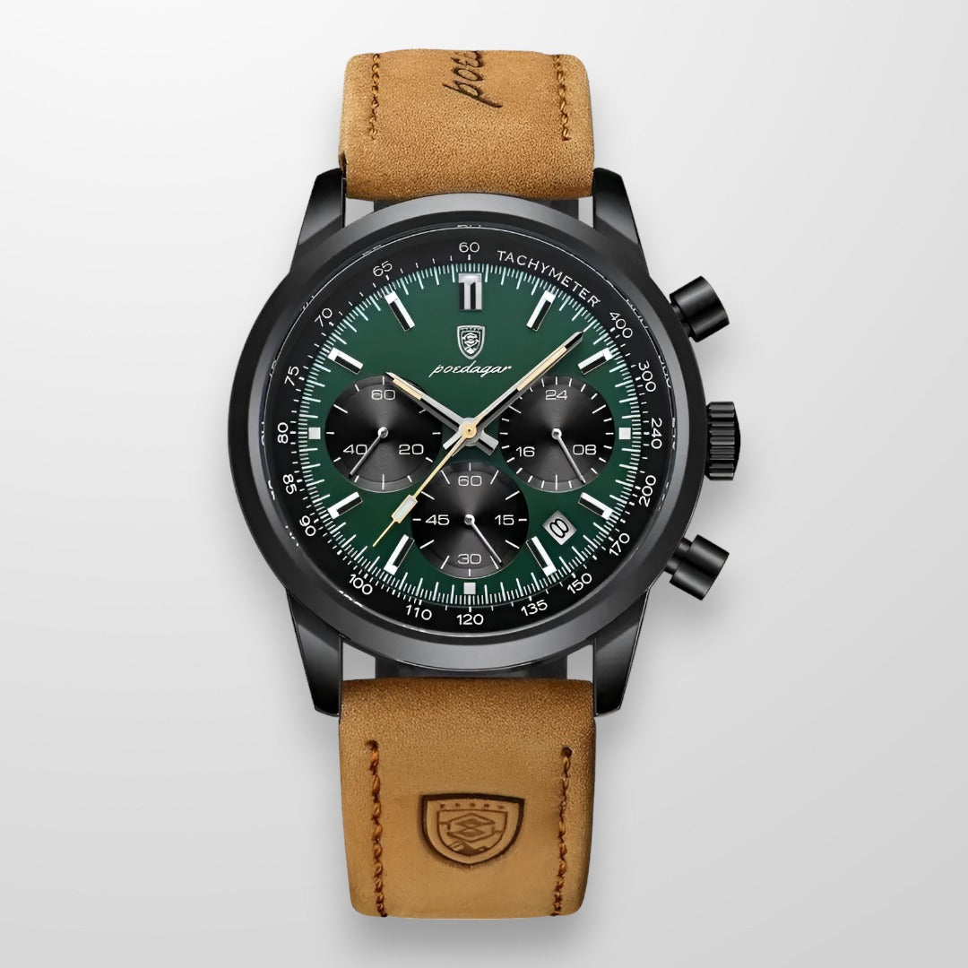 Montre Chrono Noir Cuir Perforé Sport Chic