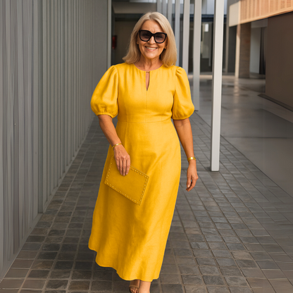 Robe Midi Femme Col en V Manches Bouffantes Fluide