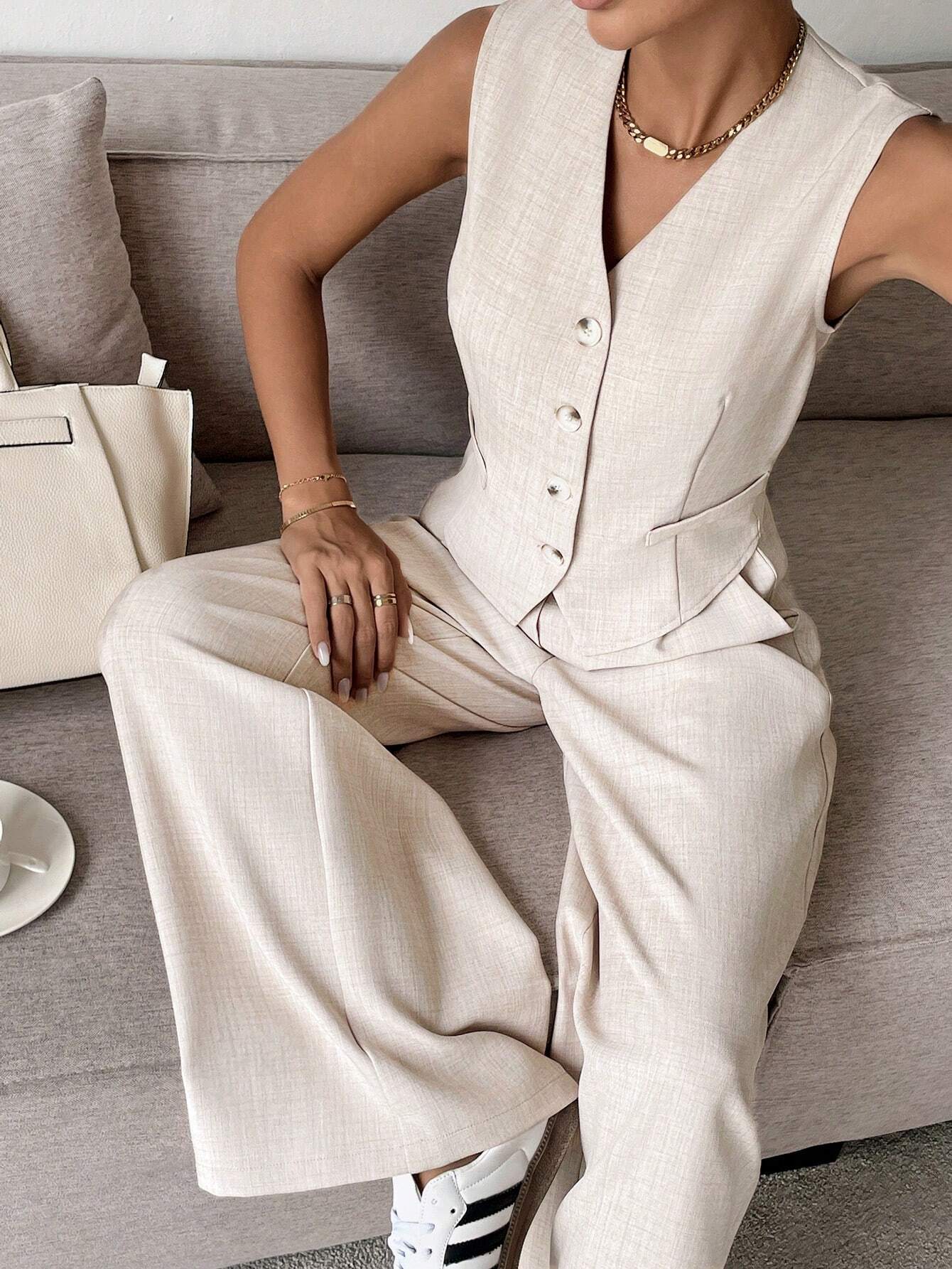 Costume Lin Femme Élégant - Gilet et Pantalon Large