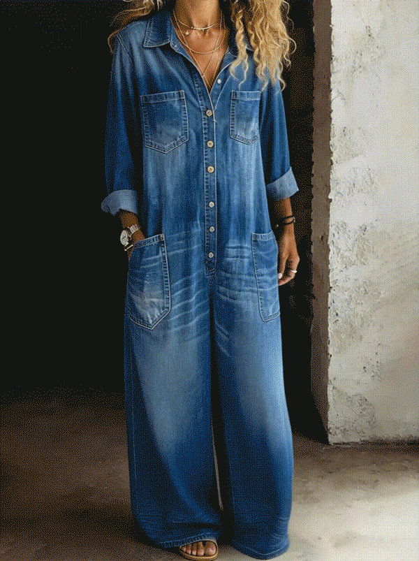 Combinaison Femme Denim Boutonnée Coupe Ample Décontractée