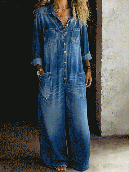 Combinaison Femme Denim Boutonnée Coupe Ample Décontractée
