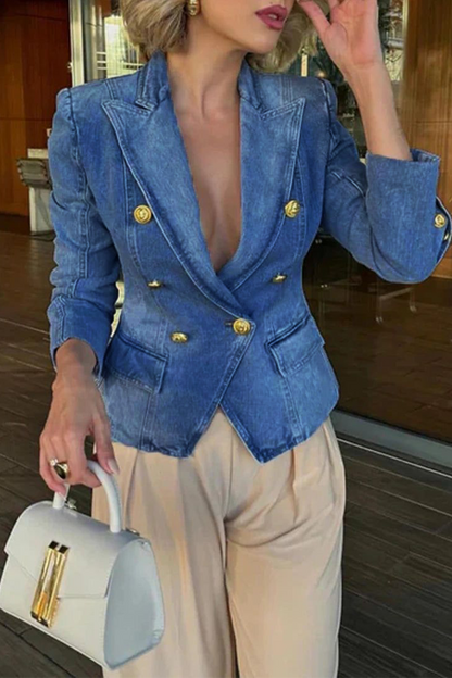 Veste Dénim Col Boutonné Style Rétro