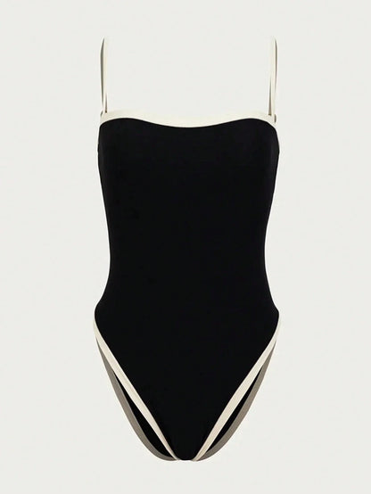 Maillot de bain femme noir élégant avec décolleté et détails contrastés