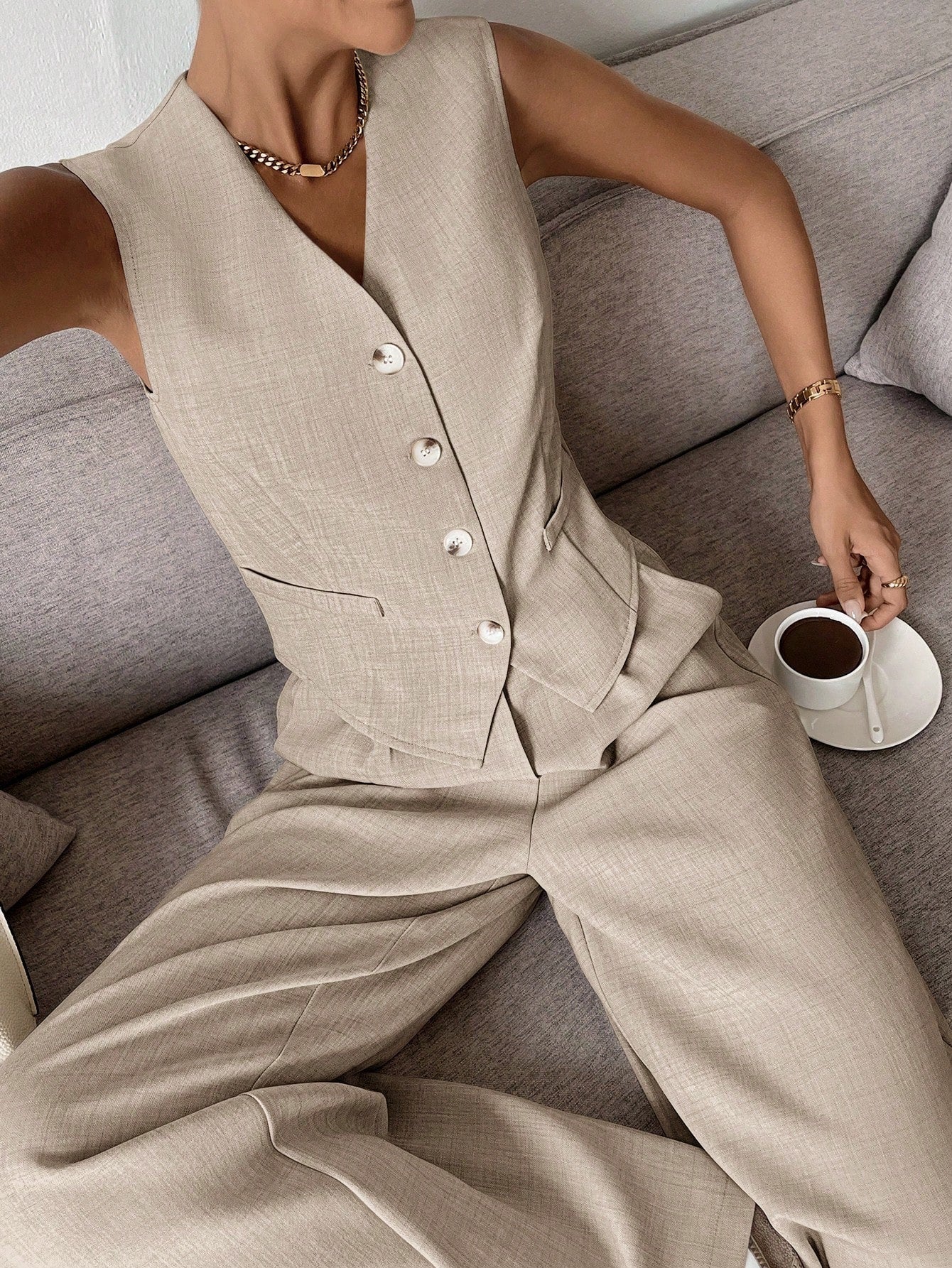 Costume Femme Élégant - Veste et Pantalon Palazzo