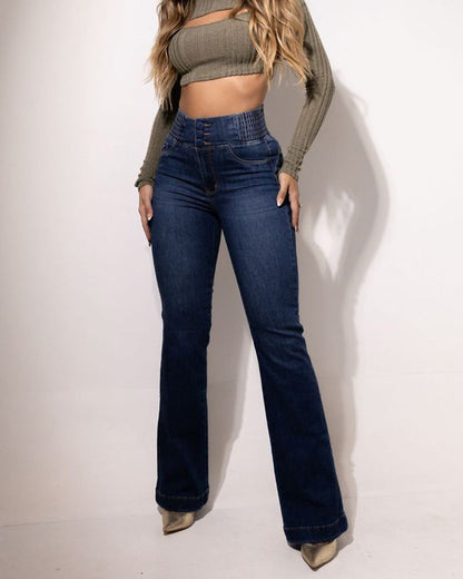Jean Femme Taille Haute Stretch Coupe Évasée Silhouette Sculptante