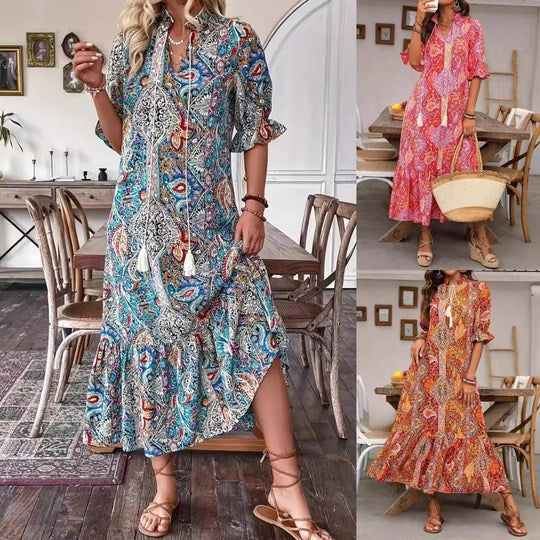 Robe Bohème Femme Imprimé Cachemire Col V Pompons