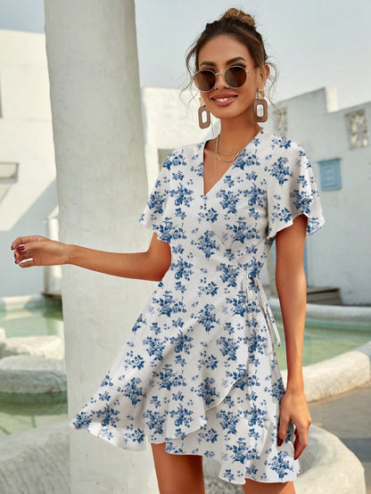 Robe Courte Été à Fleurs avec Volants
