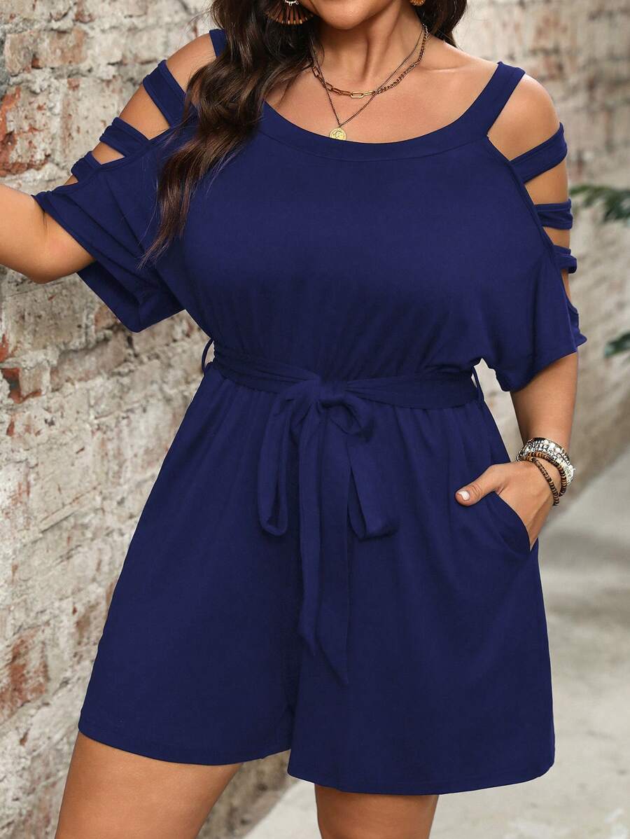 Combinaison Short Femme Grande Taille Taille Ceinturée Epaules