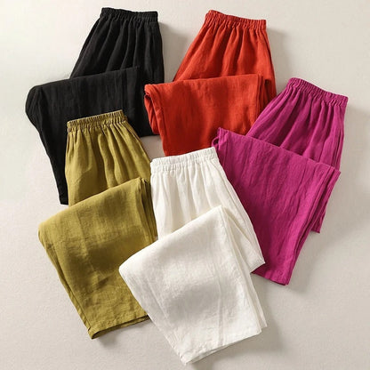 Pantalon Large Femme Coton Lin Taille Élastique