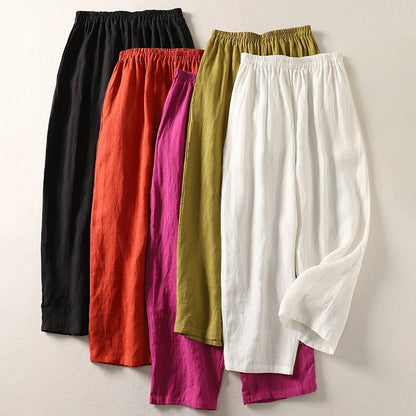 Pantalon Large Femme Coton Lin Taille Élastique
