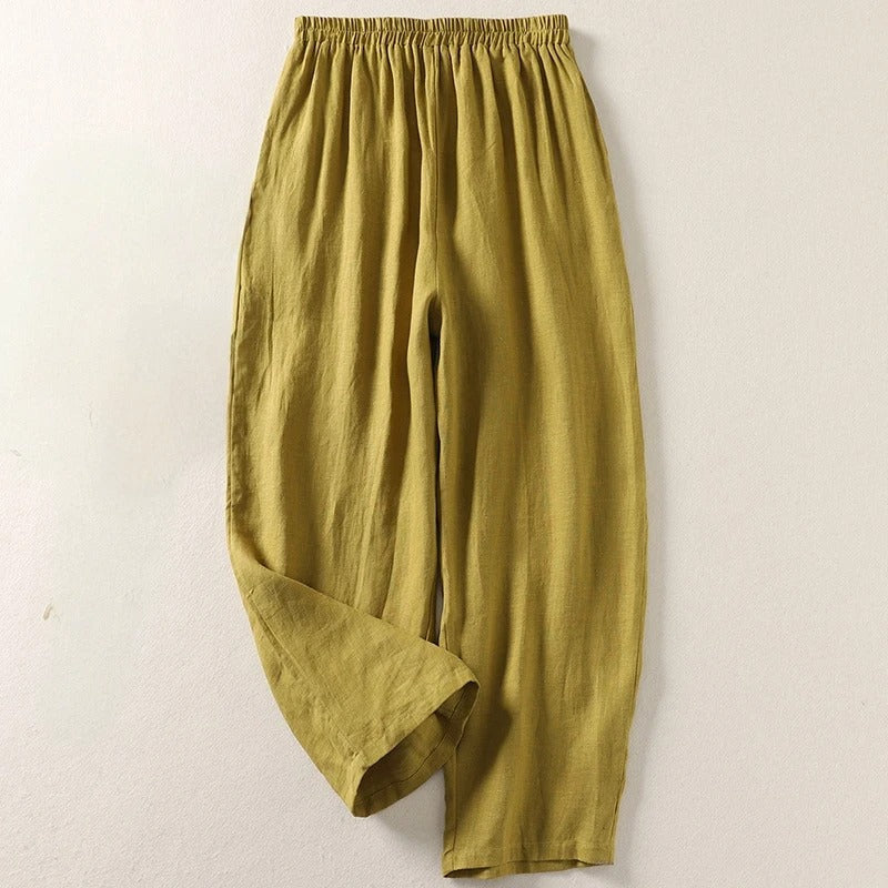 Pantalon Large Femme Coton Lin Taille Élastique