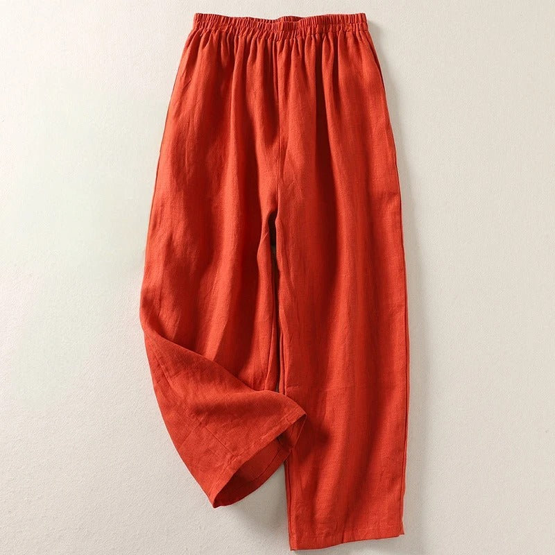 Pantalon Large Femme Coton Lin Taille Élastique