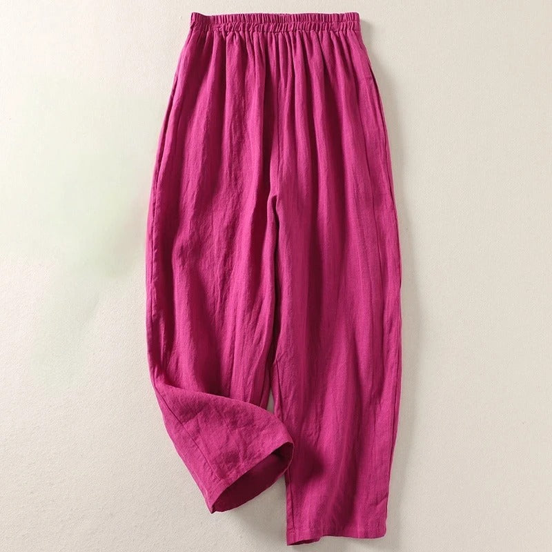 Pantalon Large Femme Coton Lin Taille Élastique