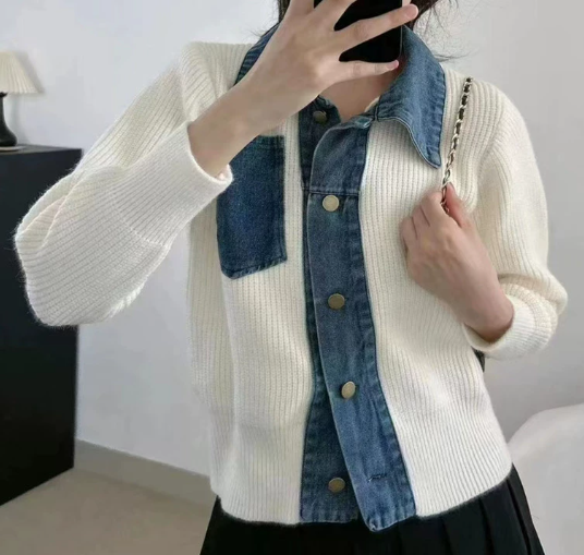 Cardigan Tricot Effet Denim Col Polo Coupe Fluide