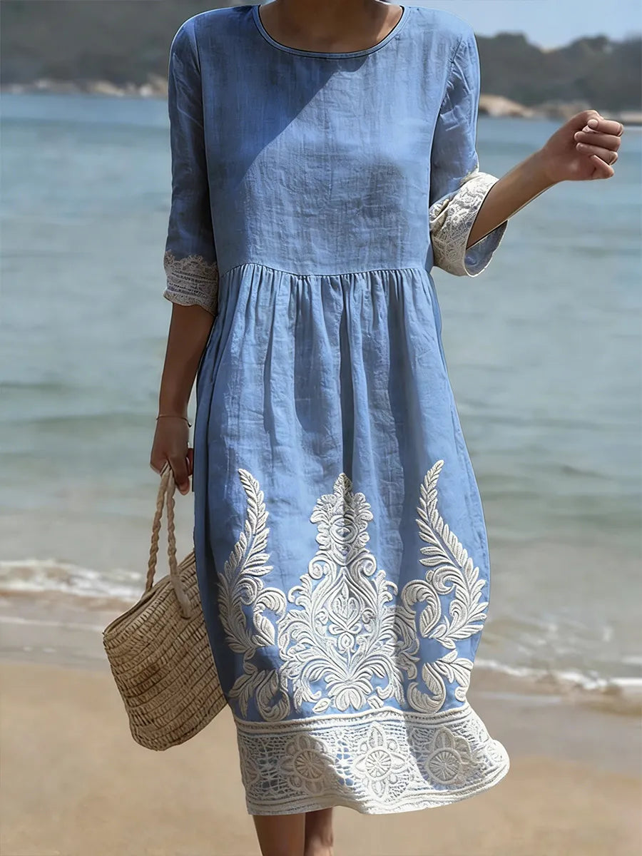 Robe midi Femme Broderies Florales Dentelle Manches Longues