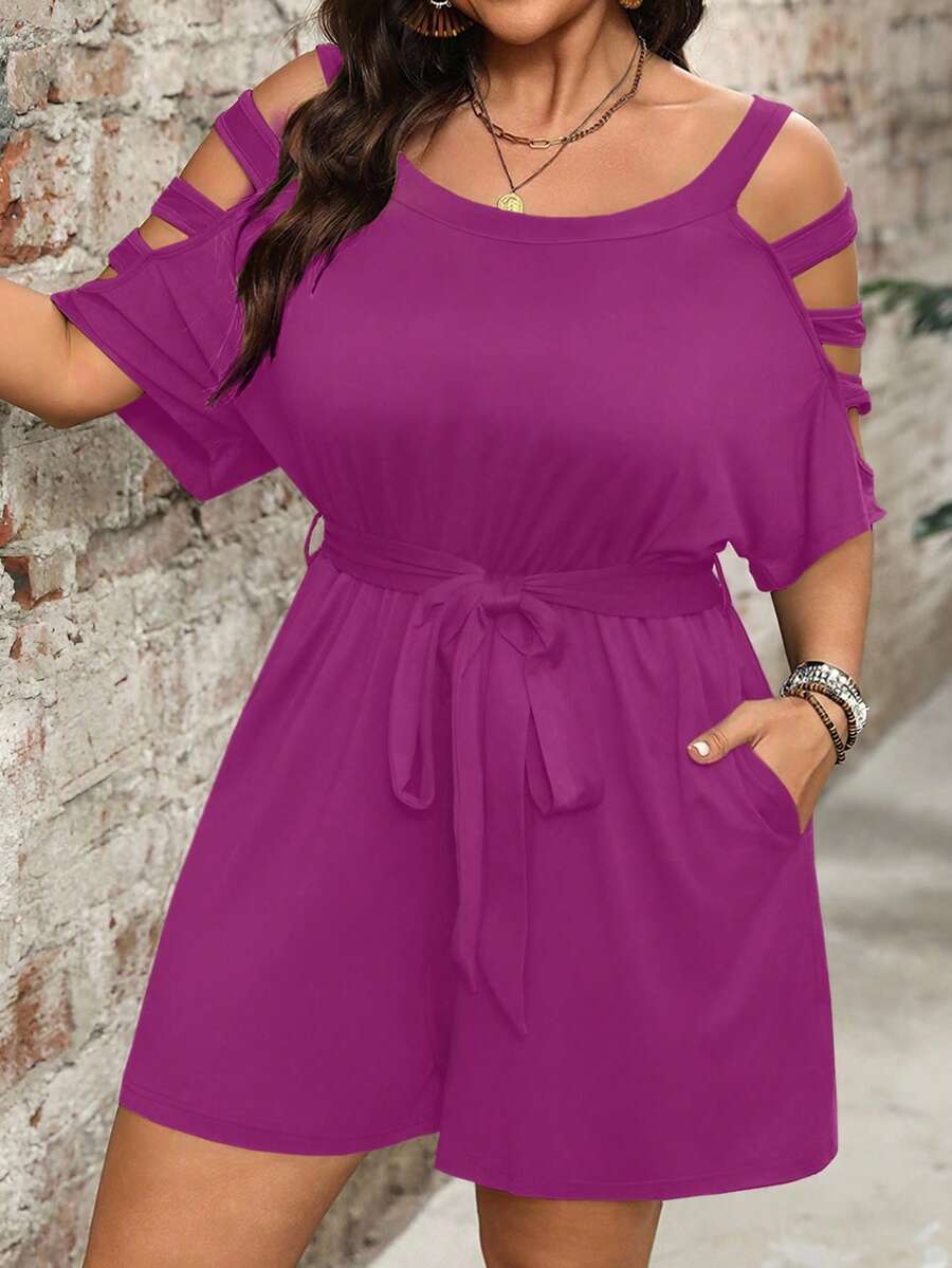 Combinaison Short Femme Grande Taille Taille Ceinturée Epaules