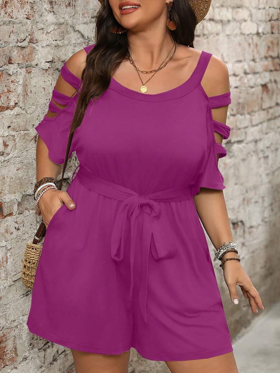 Combinaison Short Femme Grande Taille Taille Ceinturée Epaules