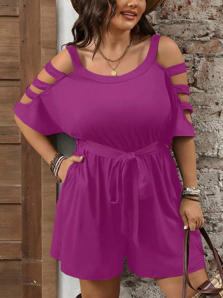 Combinaison Short Femme Grande Taille Taille Ceinturée Epaules