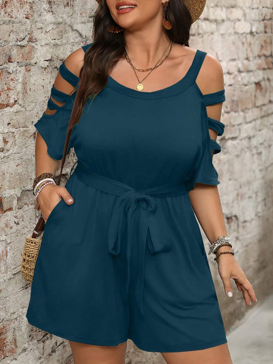 Combinaison Short Femme Grande Taille Taille Ceinturée Epaules