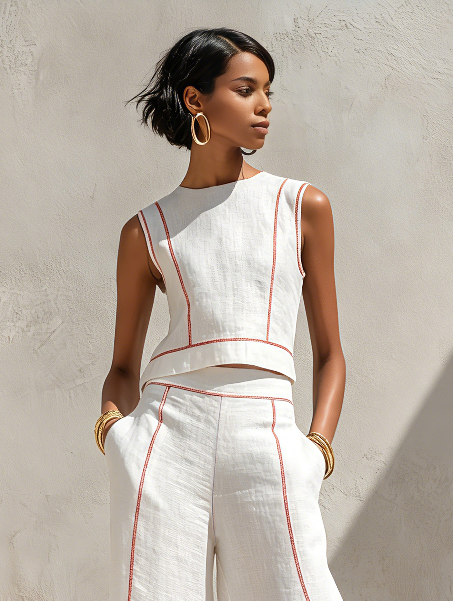 Ensemble Femme Deux Pièces Coton Coutures Contrastées