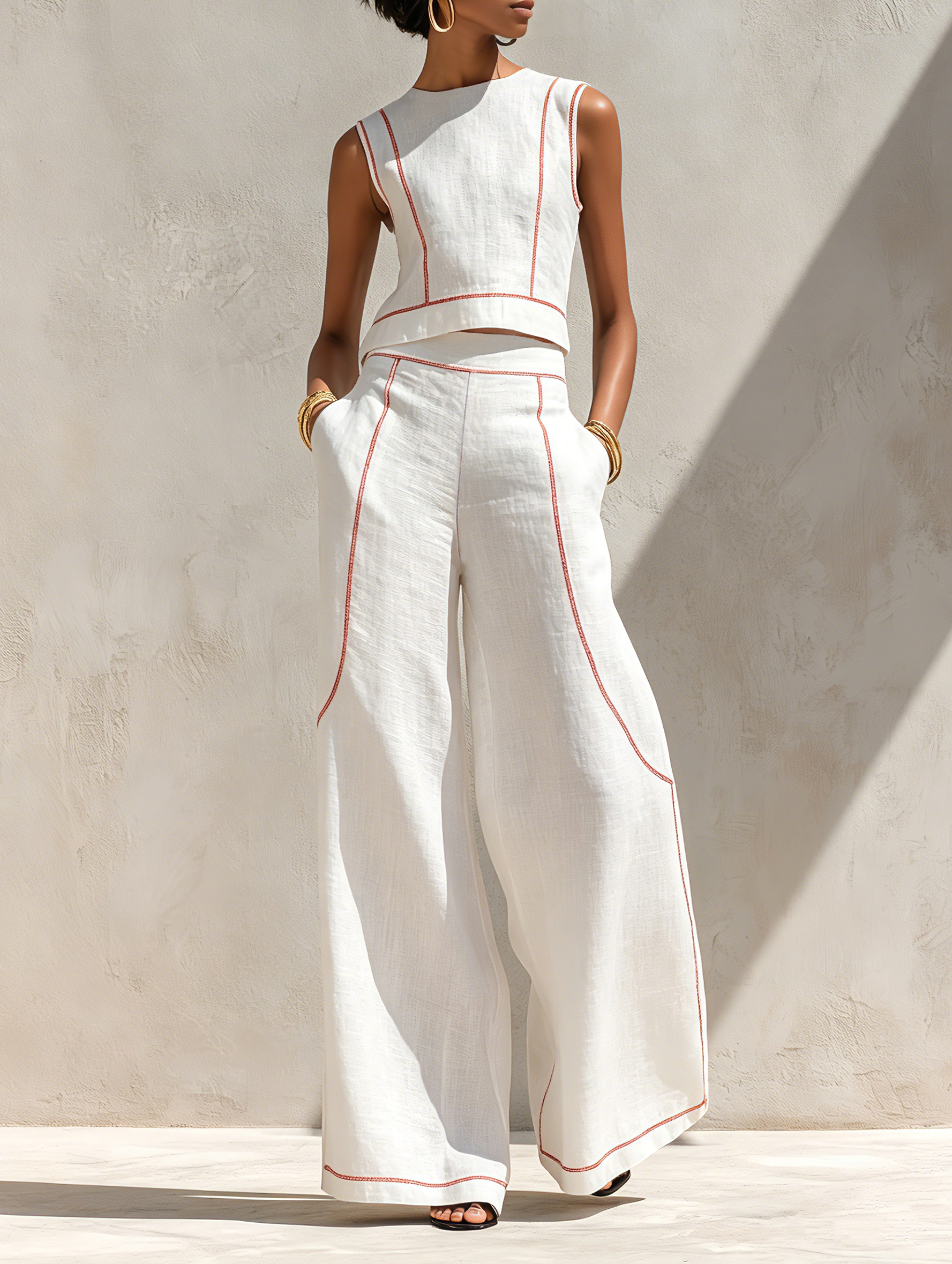 Ensemble Femme Deux Pièces Coton Coutures Contrastées - PanierRoyale