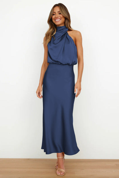 Robe Maxi Femme Satin Drapé Coupe Fluide Soirée