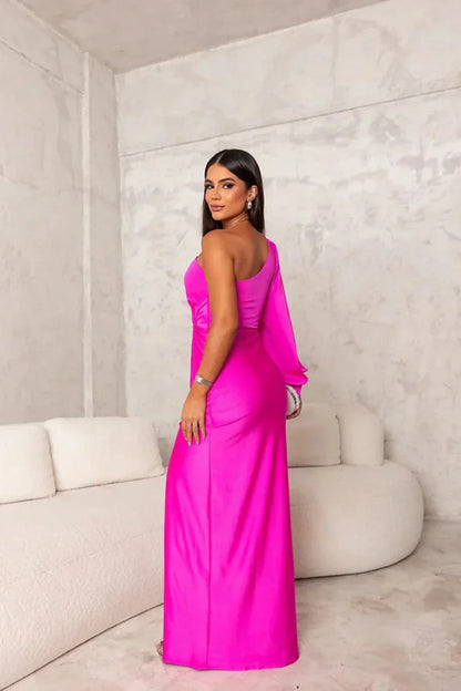 Robe Soirée Satin Asymétrique Épaule Découverte