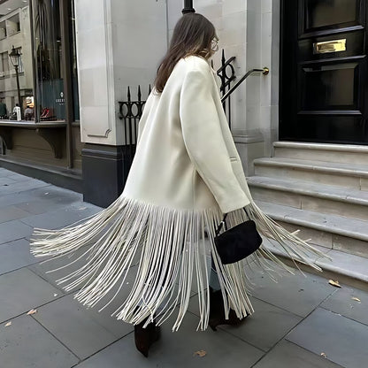 Manteau Élégant Blanc Crème avec Franges Raffinées