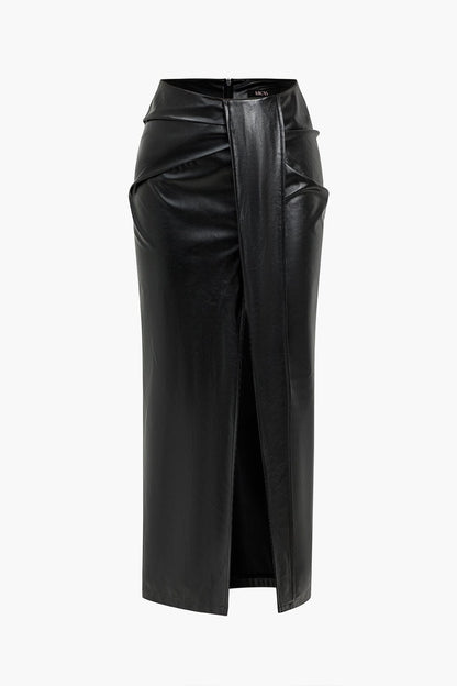 Jupe Mi-Longue Élégante en Cuir Imitation avec Fente Élevée