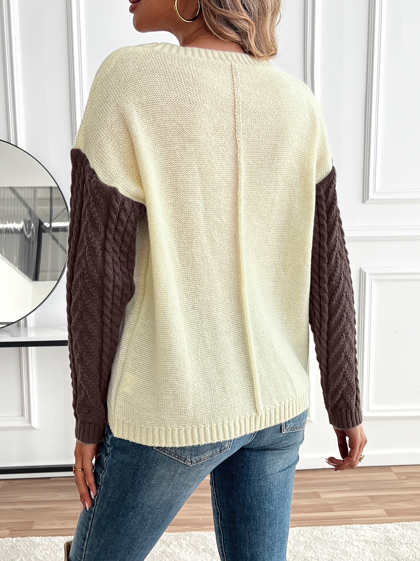 Pull Femme Maille Torsadée Patchwork Confortable Coupe Classique