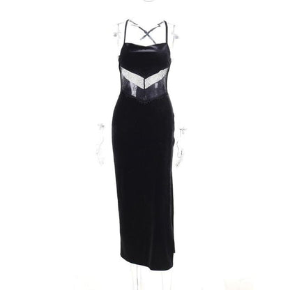 VeraElegance™ – Robe Longue Femme Dos Nu en Velours et Dentelle Élégante-4