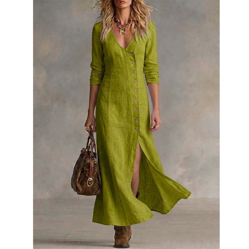 Robe Chemise Femme Vintage Manches Longues Coupe Midi